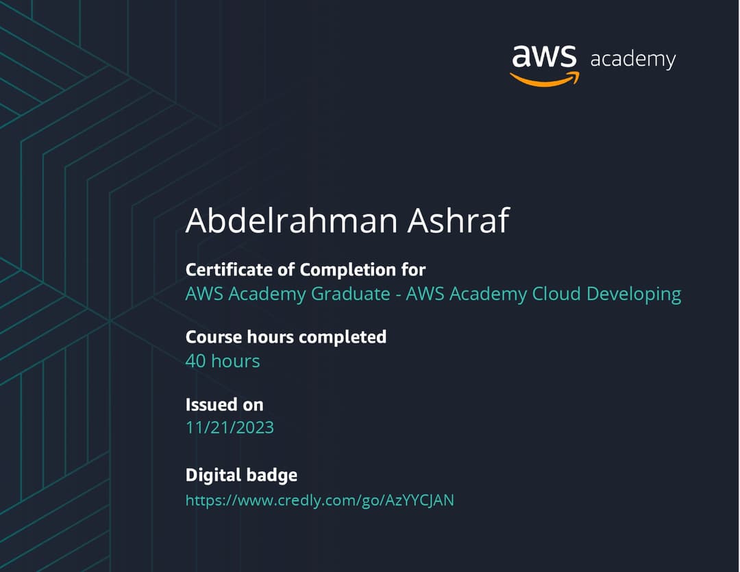 AWS Cloud Developer Course certificate issued by AWS Academy